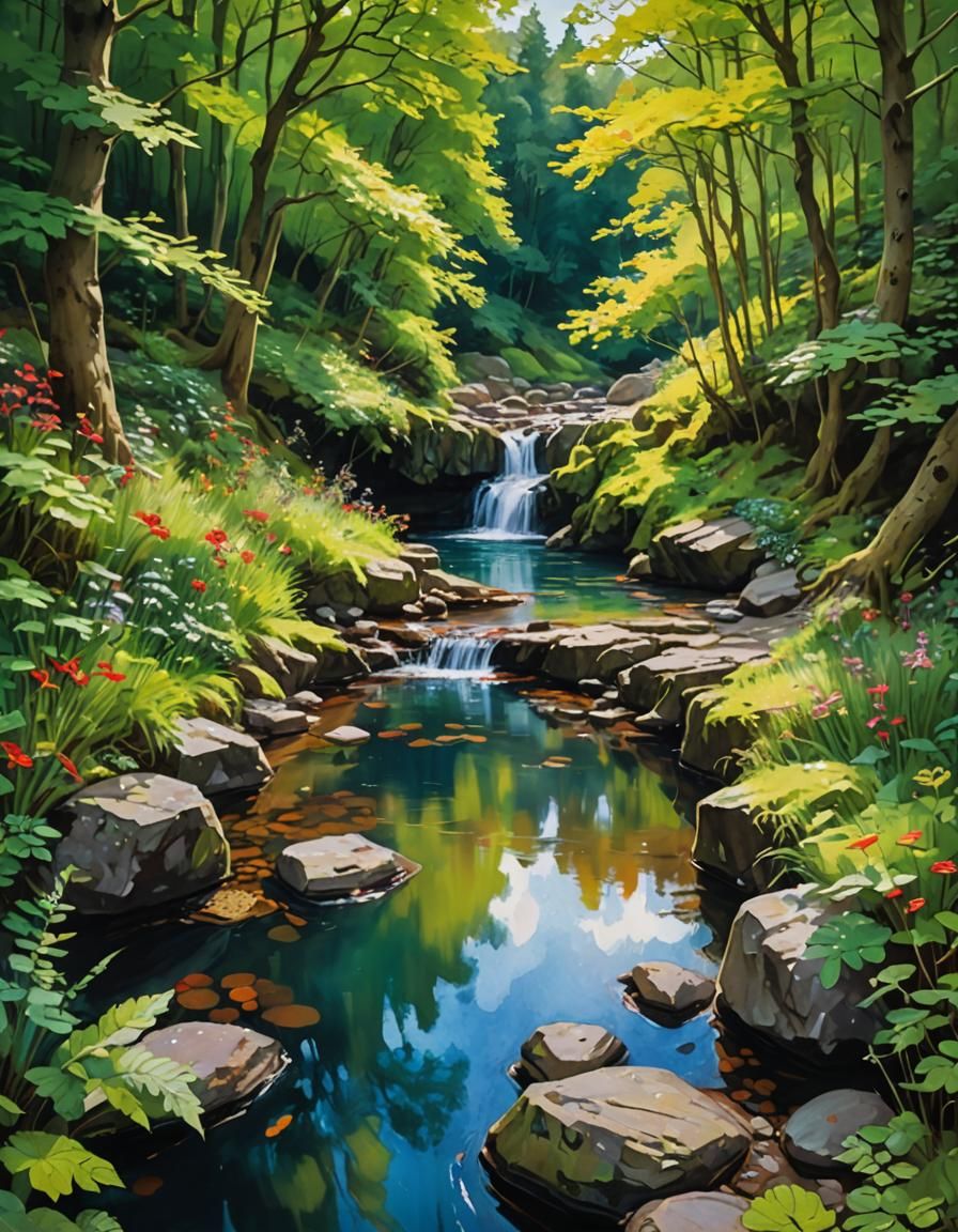 Scottish Fairy Pool as Gouache Oil Painting