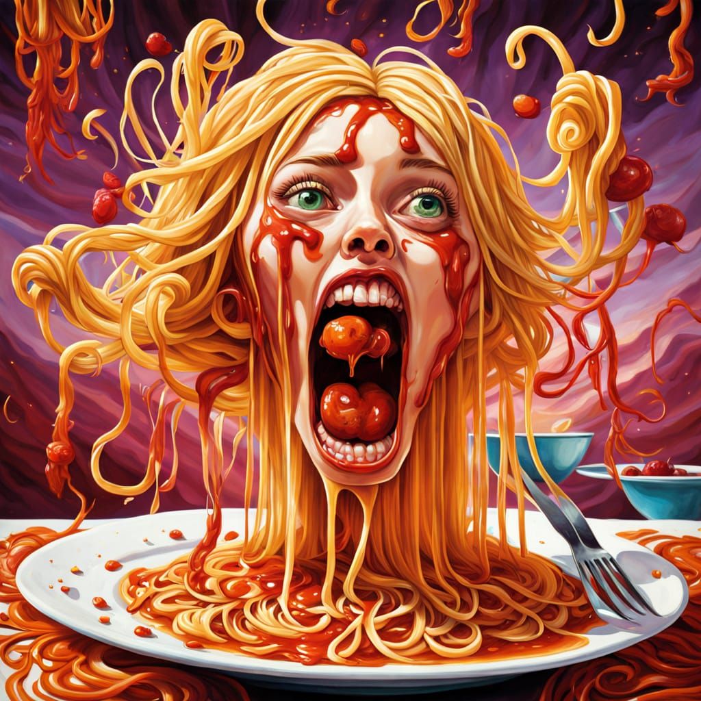 Surreal Spaghetti Woman Rampages in Restaurant Oil Painting