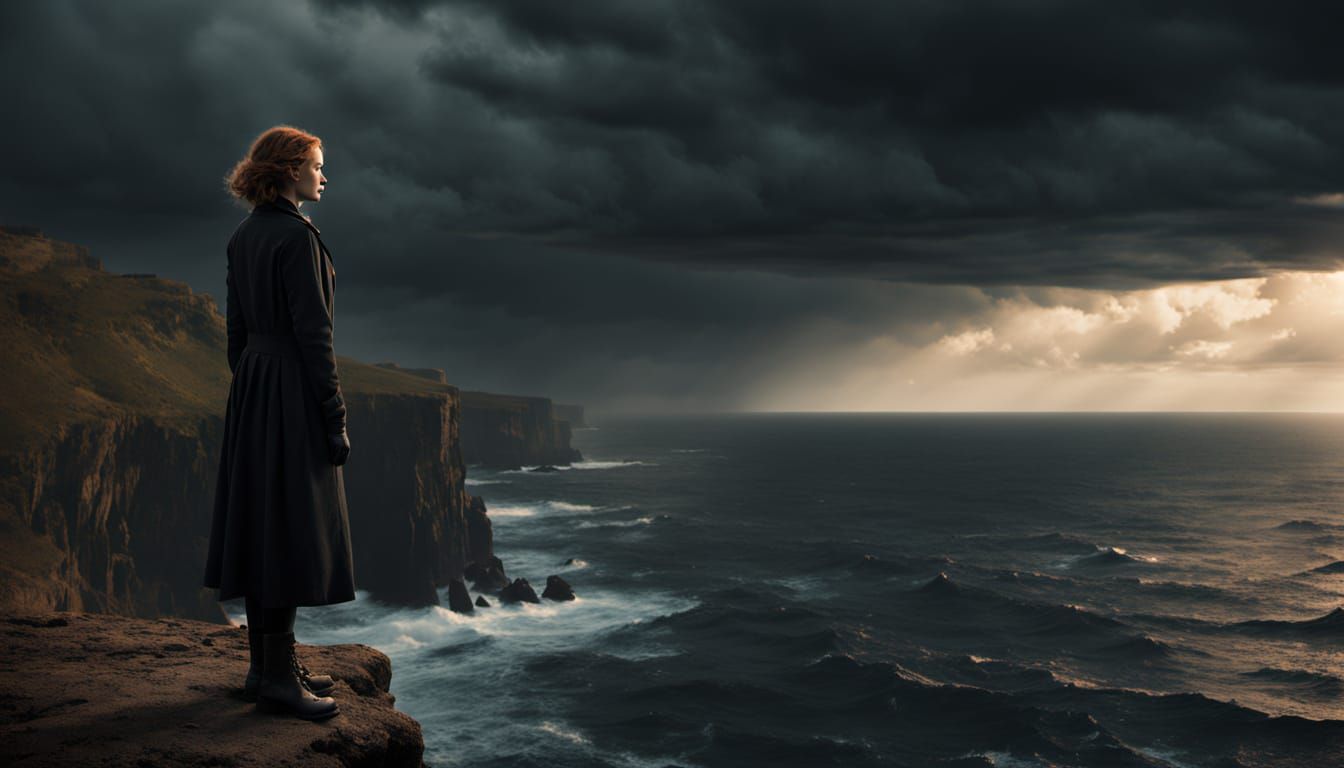 Woman Stands Alone on Cliff's Edge in Moody Film Noir Style
