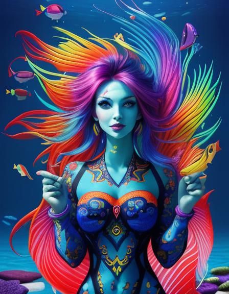 Colorful Fish Woman in Vivid Bright Colors