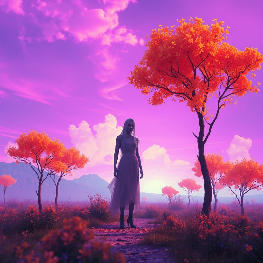 Ethereal Futuristic Landscape in Vibrant Purple and Orange