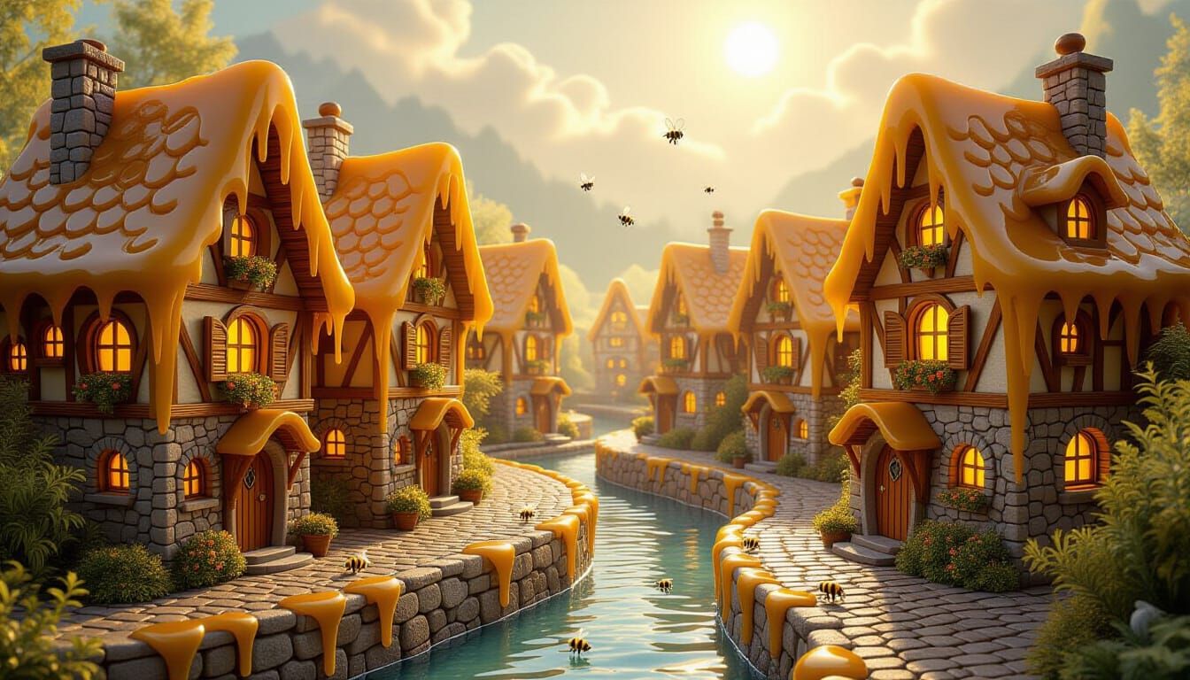 Whimsical Honey Village Illuminated by Golden Light