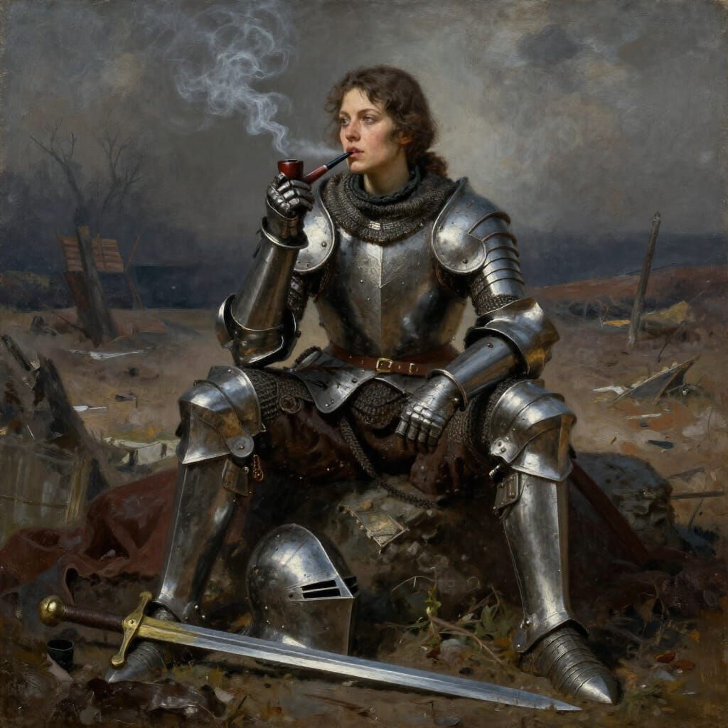 Female Knight Contemplates Battlefield After Battle