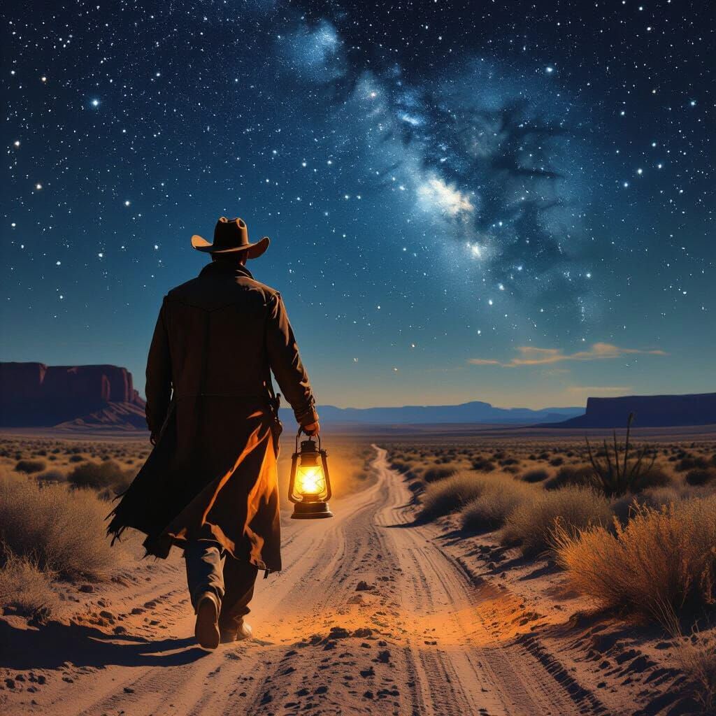 Lone Cowboy Under Starry Desert Sky