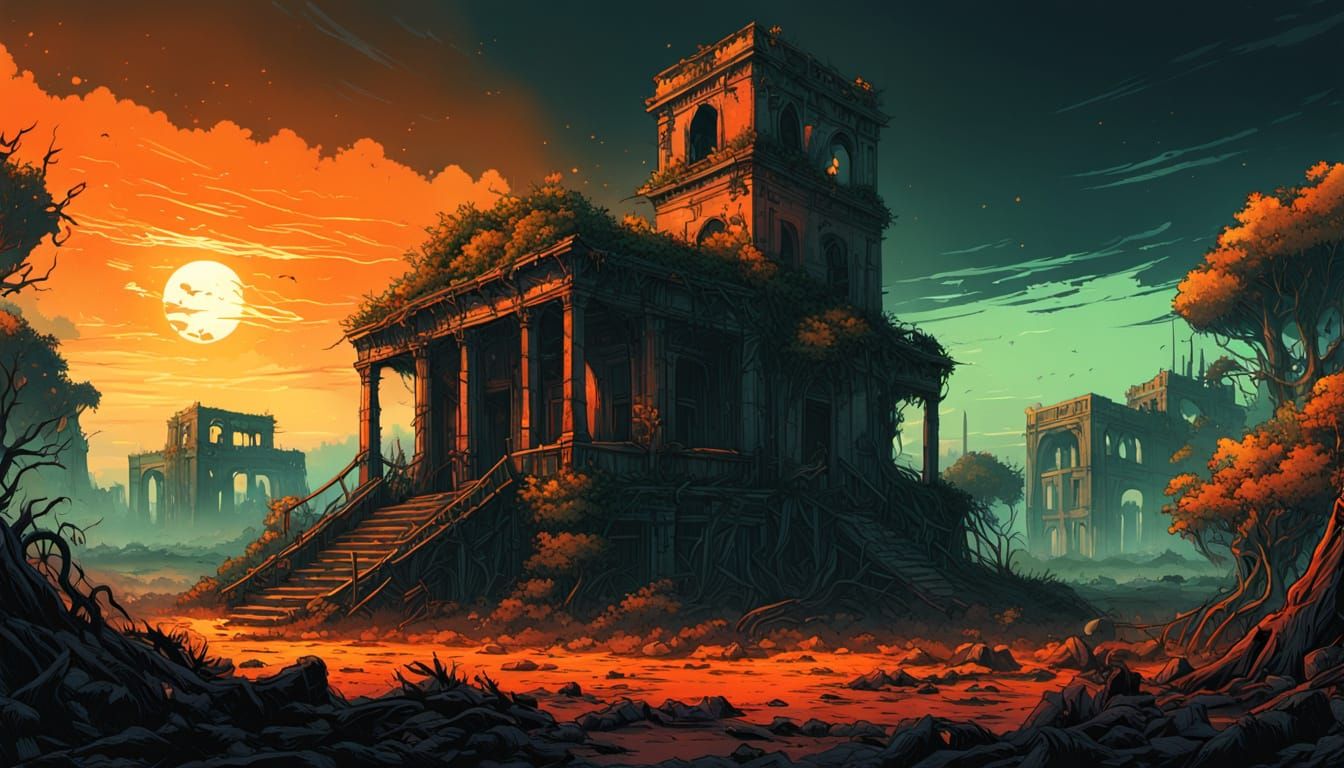 Post-Apocalyptic Ruins in Comic Book Style