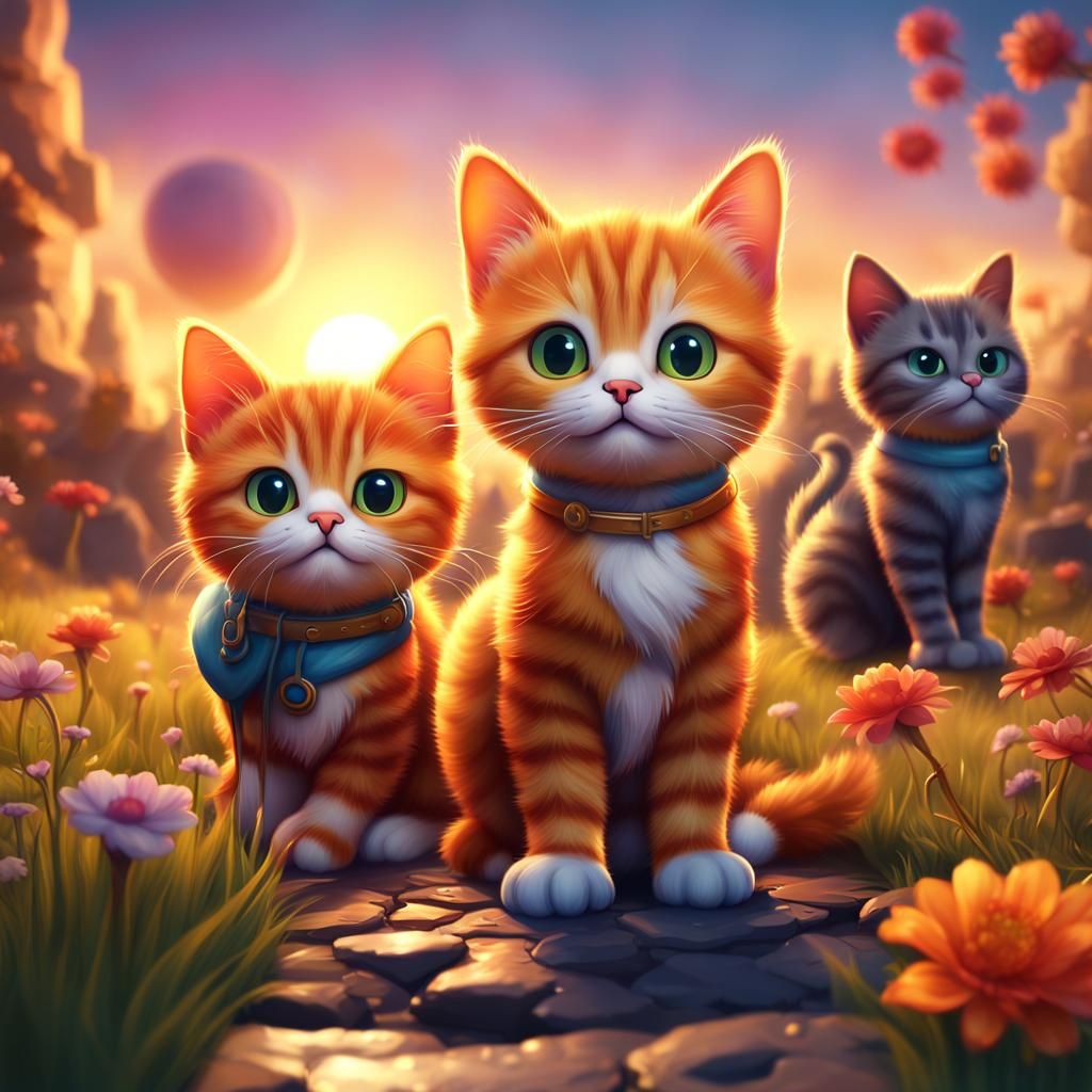 Cute Cats in Knolling Layout at Sunset