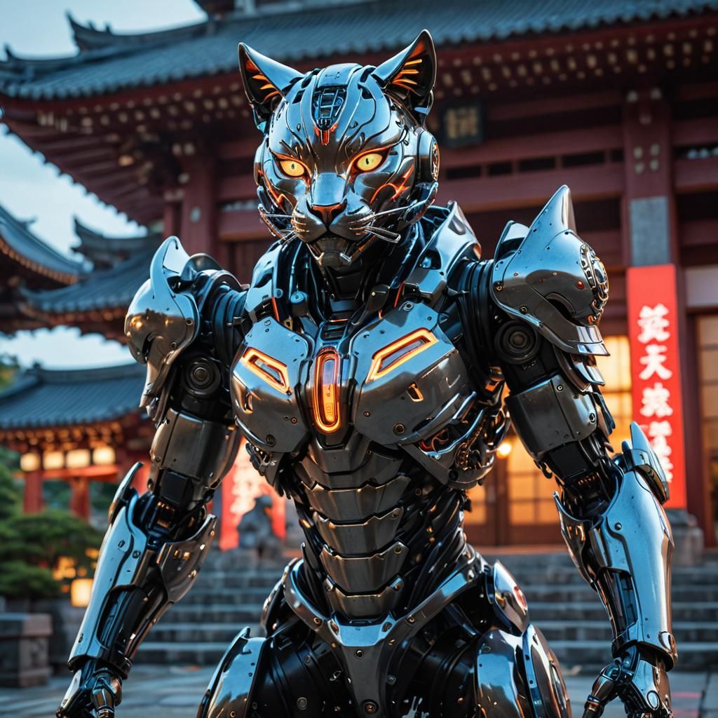 Futuristic Armored Cybernetic Cat in Japanese Temple
