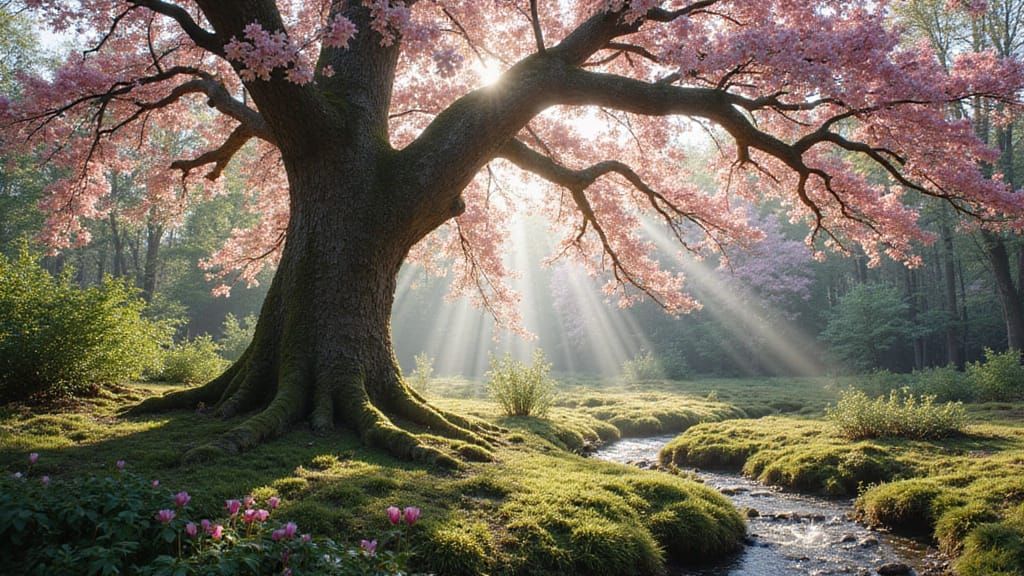 Enchanted Spring Forest with Ancient Tree and Creek