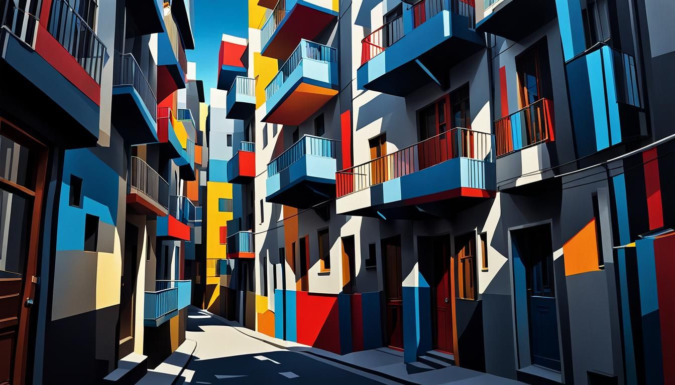 Vibrant Cubist Cityscape with Bold Geometric Shapes