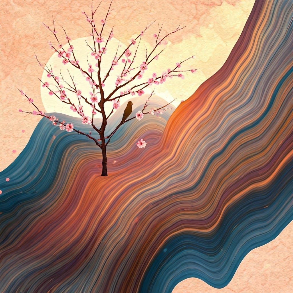 Vibrant Blossom Tree Sunset in Dynamic Abstract Art