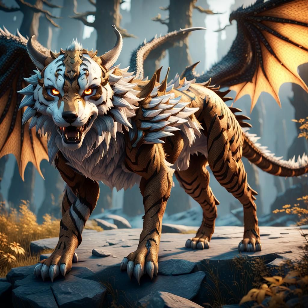 Fantasy Wolf-Tiger Hybrid with Dragon Features in 3D
