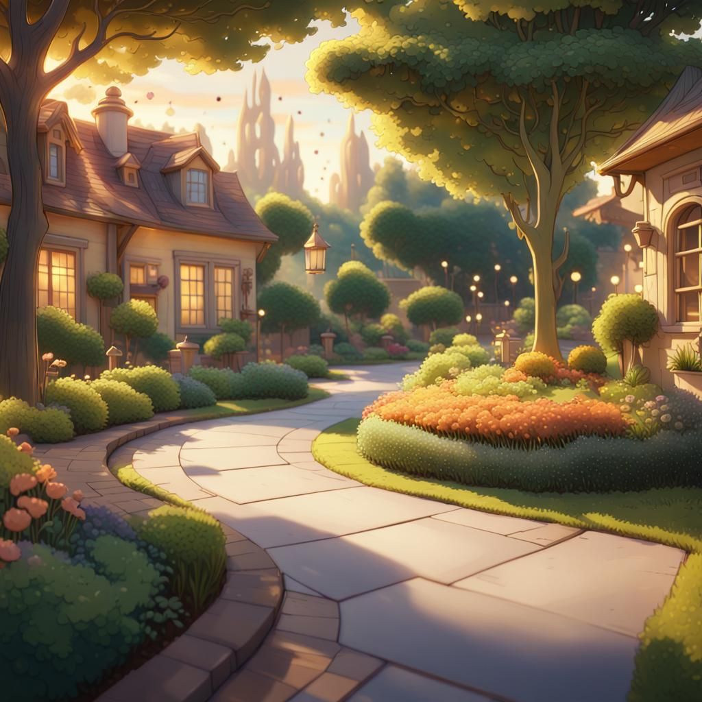 Anime Garden Square in 2D Cartoon Style