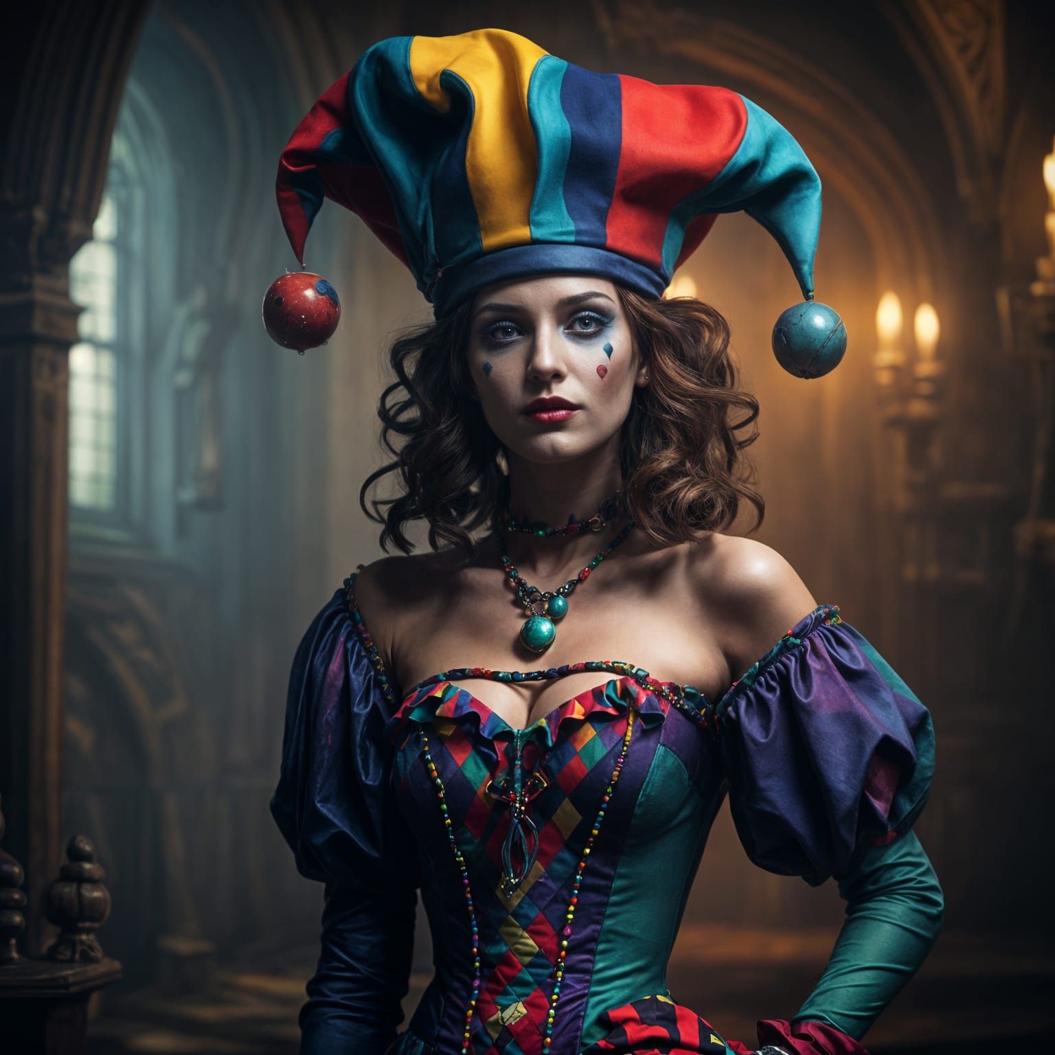 Woman in Harlequin Dress: Dark, Misty HDR Portrait