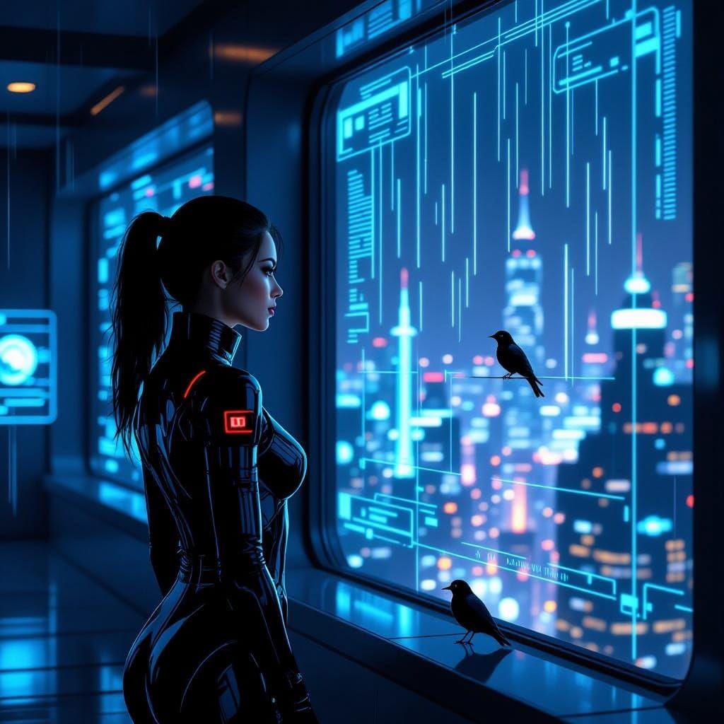 Cyberpunk Woman Gazes at Bird from Futuristic Office Window