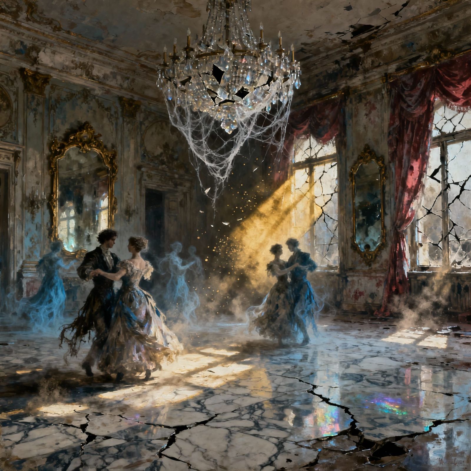Ghostly Figures Dance in Decaying Ballroom Under Chandelier