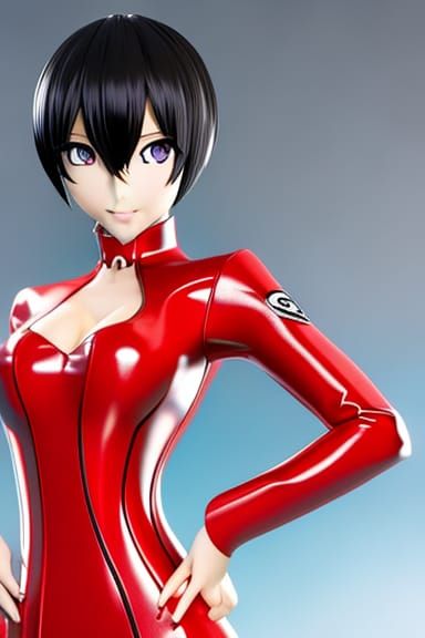 Anime Girl in Red and Black Latex Catsuit