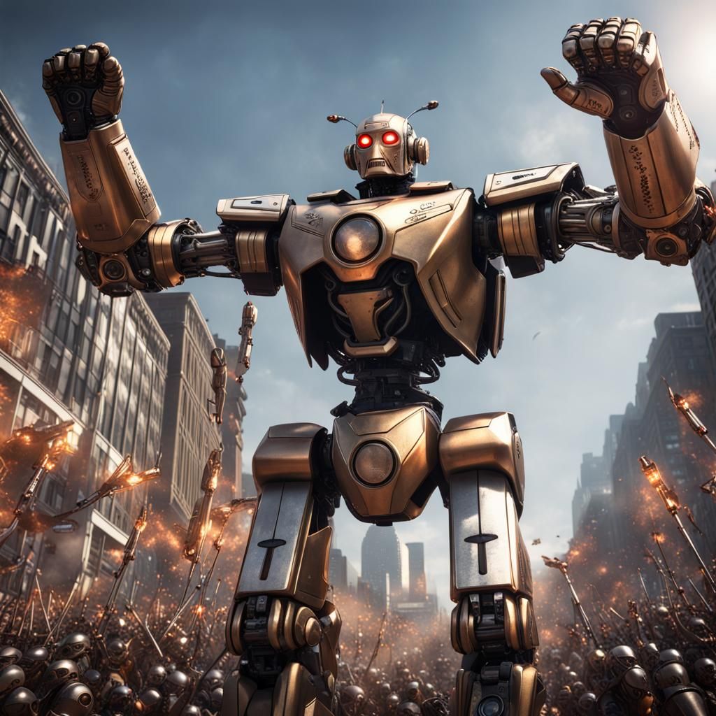 Million Robot March, power fist, robot leading the robots, revolt, in the air leading a Robot equal rights demonstration...