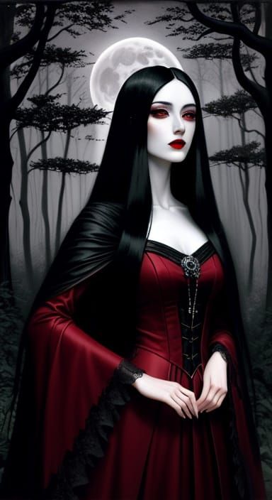 Elegant Vampire Woman in Moonlit Forest