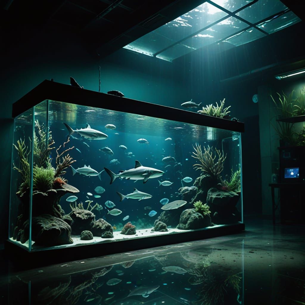 Dark Aquatic Realm with Sharks in a Flickering Tank