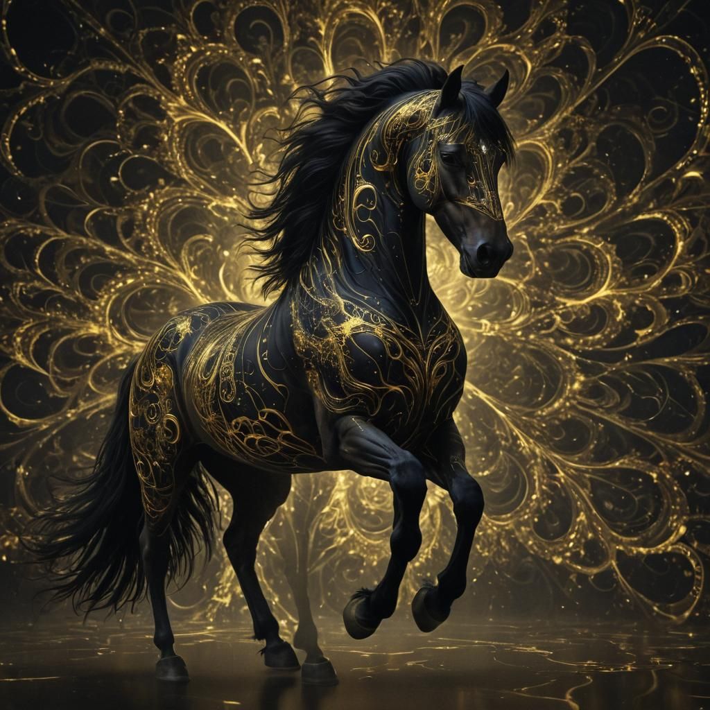 Majestic Horse in Gold and Black Neon Fractals