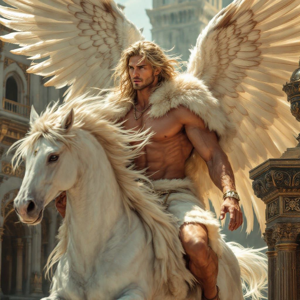 Prince Riding Pegasus Over Palace in Photo-Realistic Style