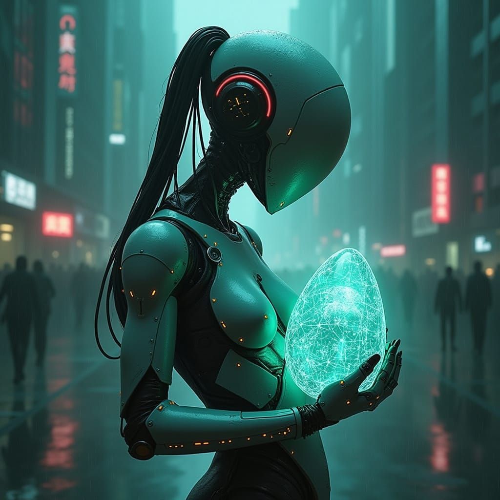 Cyberpunk Mother Goddess Protects Translucent Egg in Dystopi...