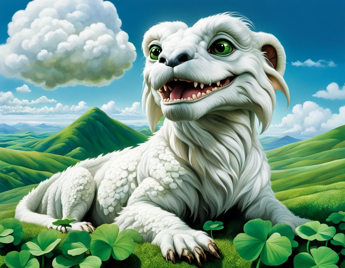 Falkor the Luck Dragon in a Clover Field