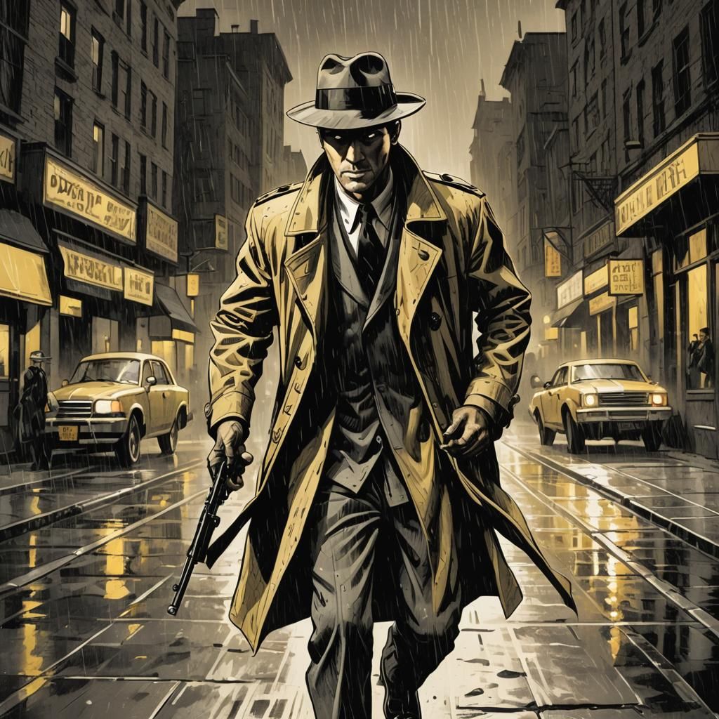 Film Noir Detective Action Shot in Comic Book Style