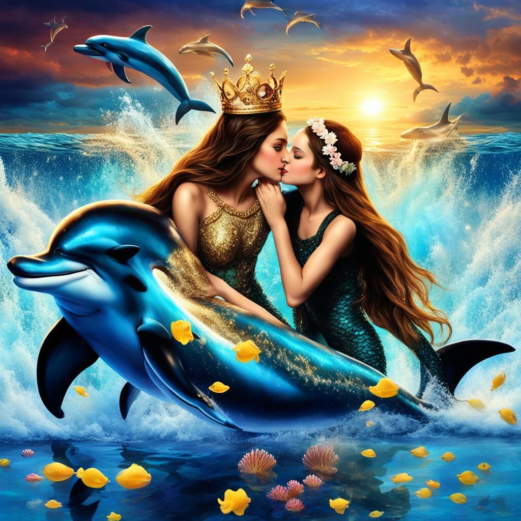 Beautiful Mermaid Playing with Dolphins in Deep Ocean
