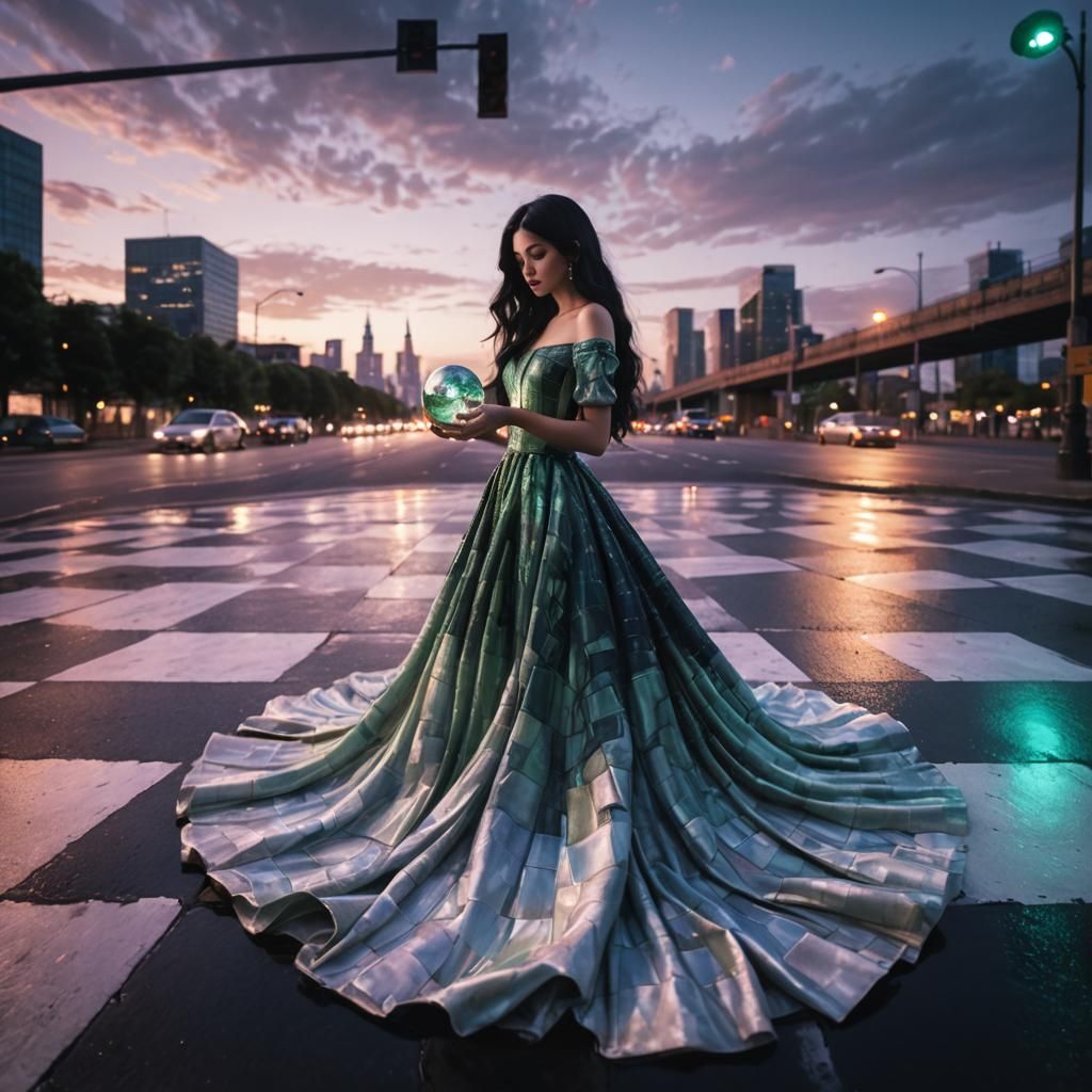 Twilight Chessboard Reflection: Holographic Urban Scene