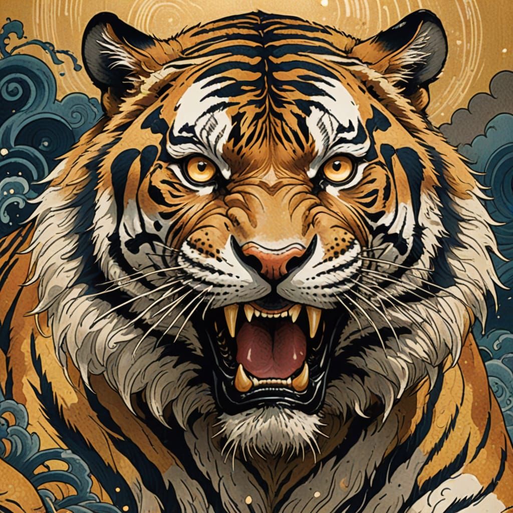 Roaring Tiger Portrait in Japanese Woodblock Style