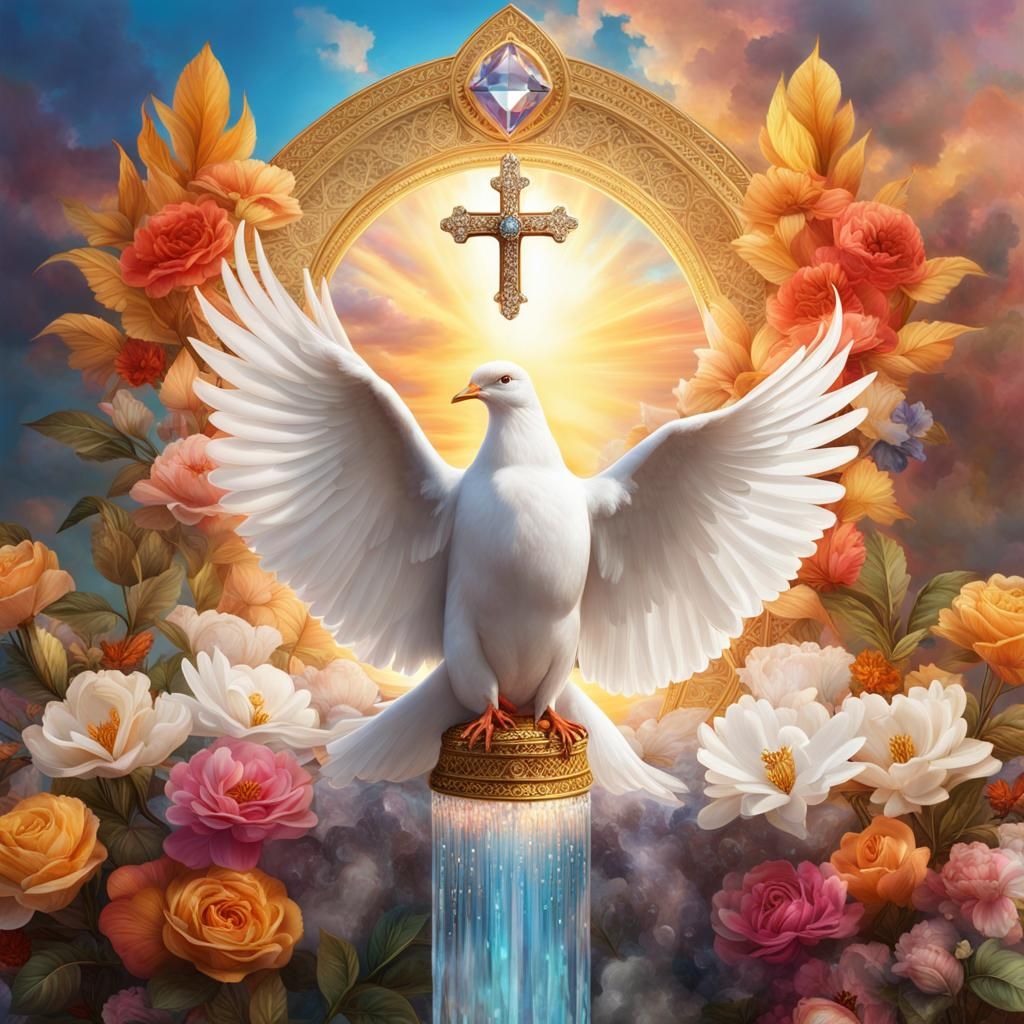 Hyperreal White Dove with Fire and Water