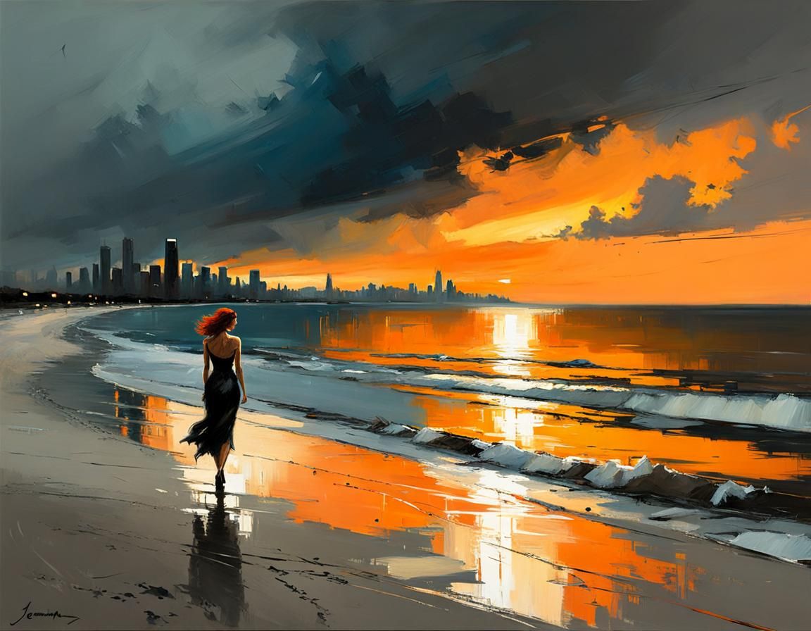 Lonely Woman on Beach at Sunset, Oil Painting