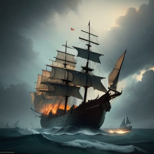 Majestic Sail Ship Battles Turbulent Sea in Fantasy Concept...