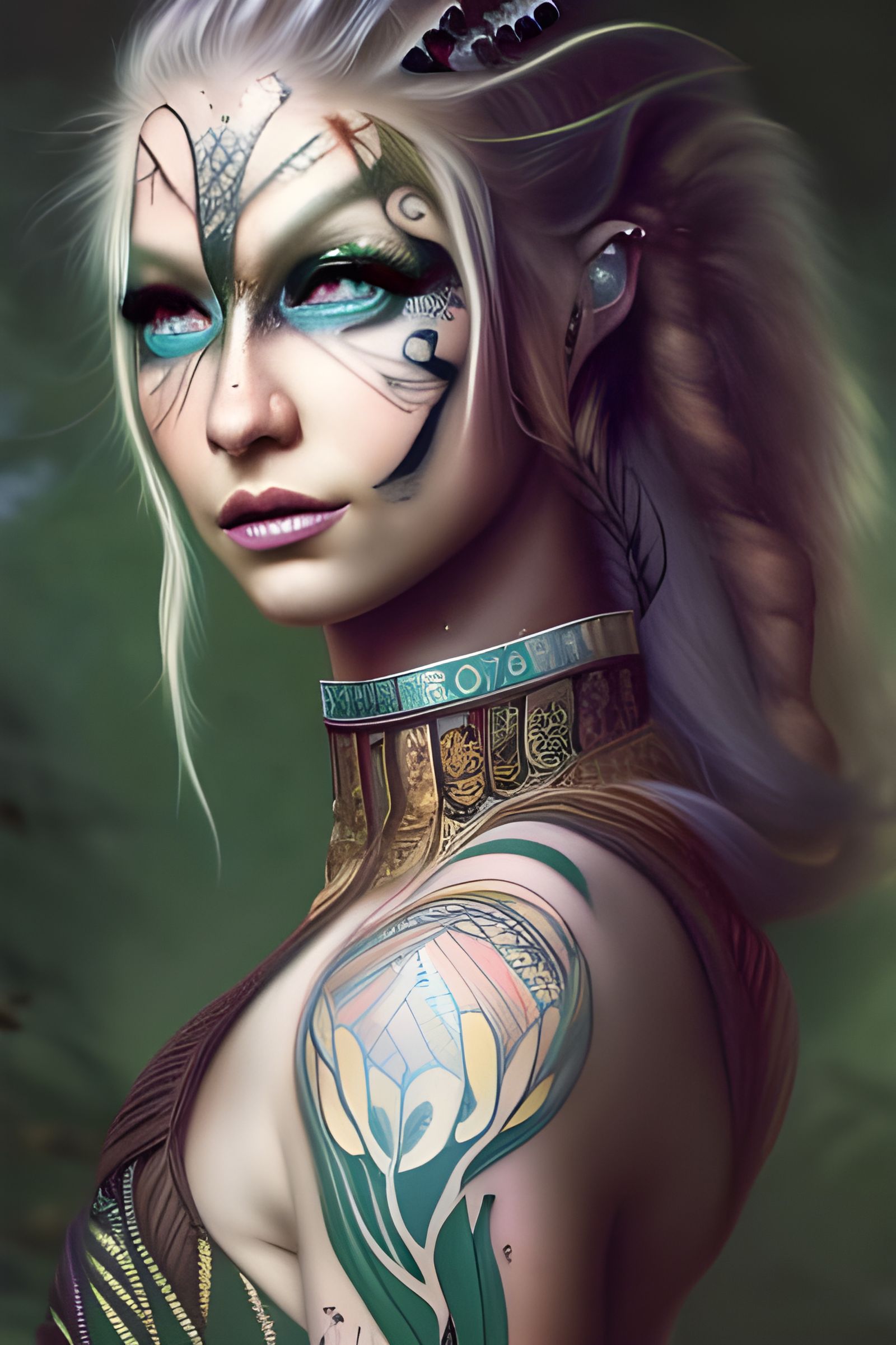 Tattooed Warrior in Magical Forest, Fantasy Art