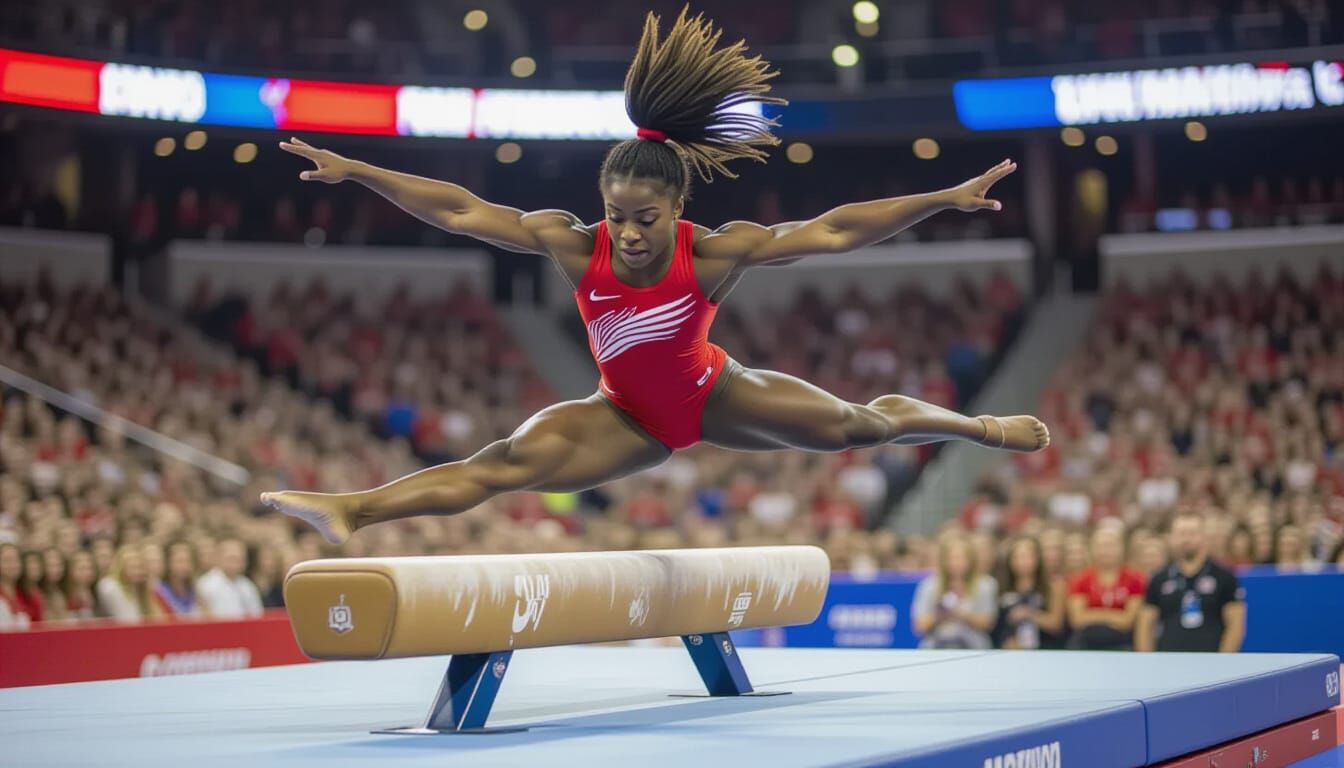 Gymnast Mid-Air on Pommel Horse, Cinematic Sports Photo