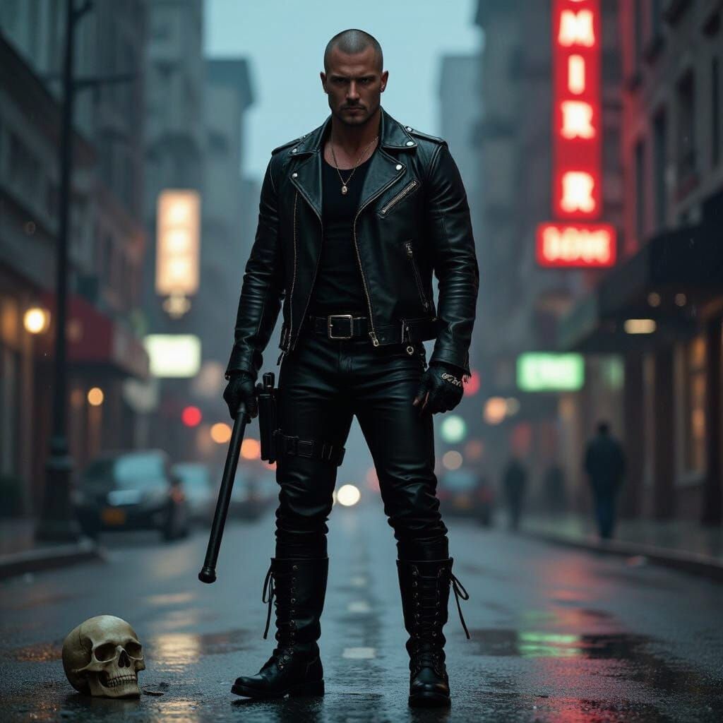 Dramatic Biker Stomping Skull: Cinematic Film Style