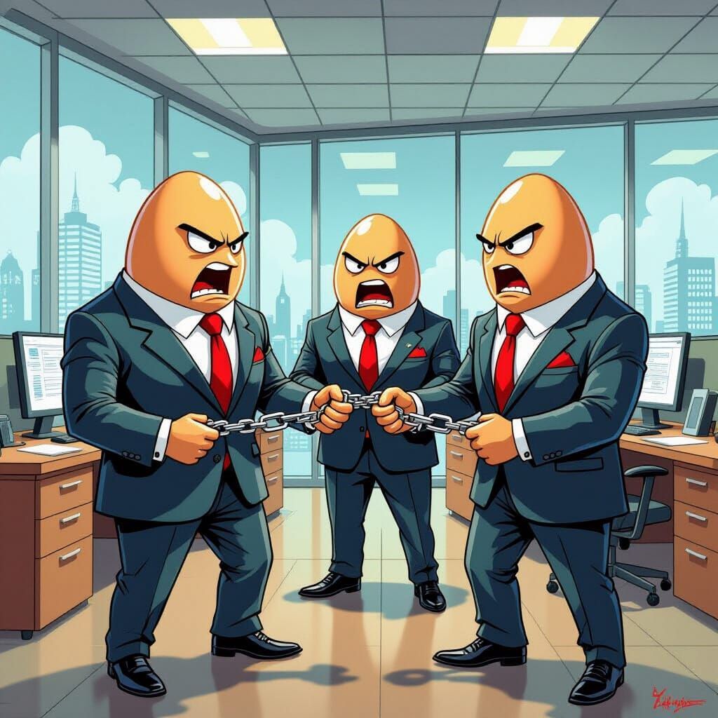 Eggs in Suits Detaining a Person: Stylized Illustration