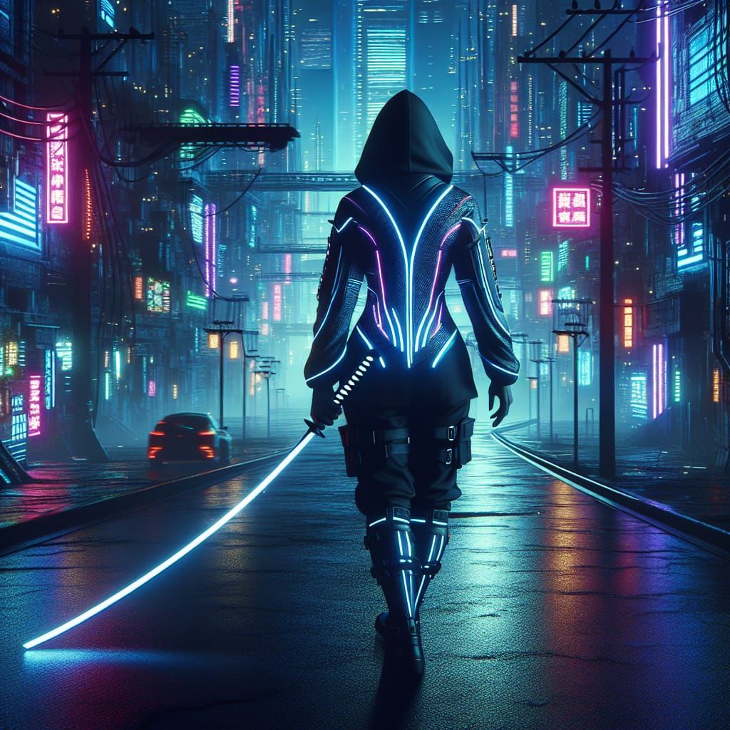 Cyberpunk Ninja Walks Down a Desolate Road at Night