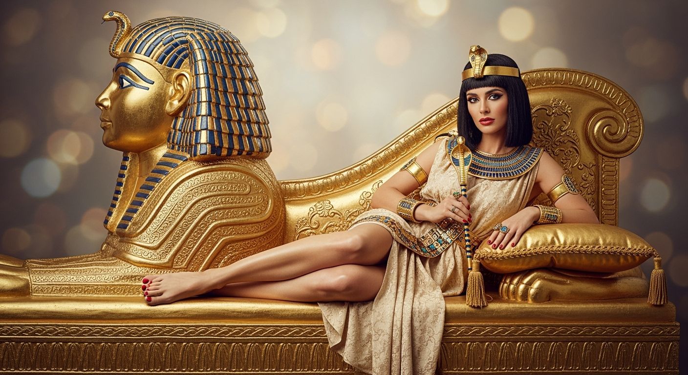 Egyptian Queen Lounging on Sphinx Chaise Longue