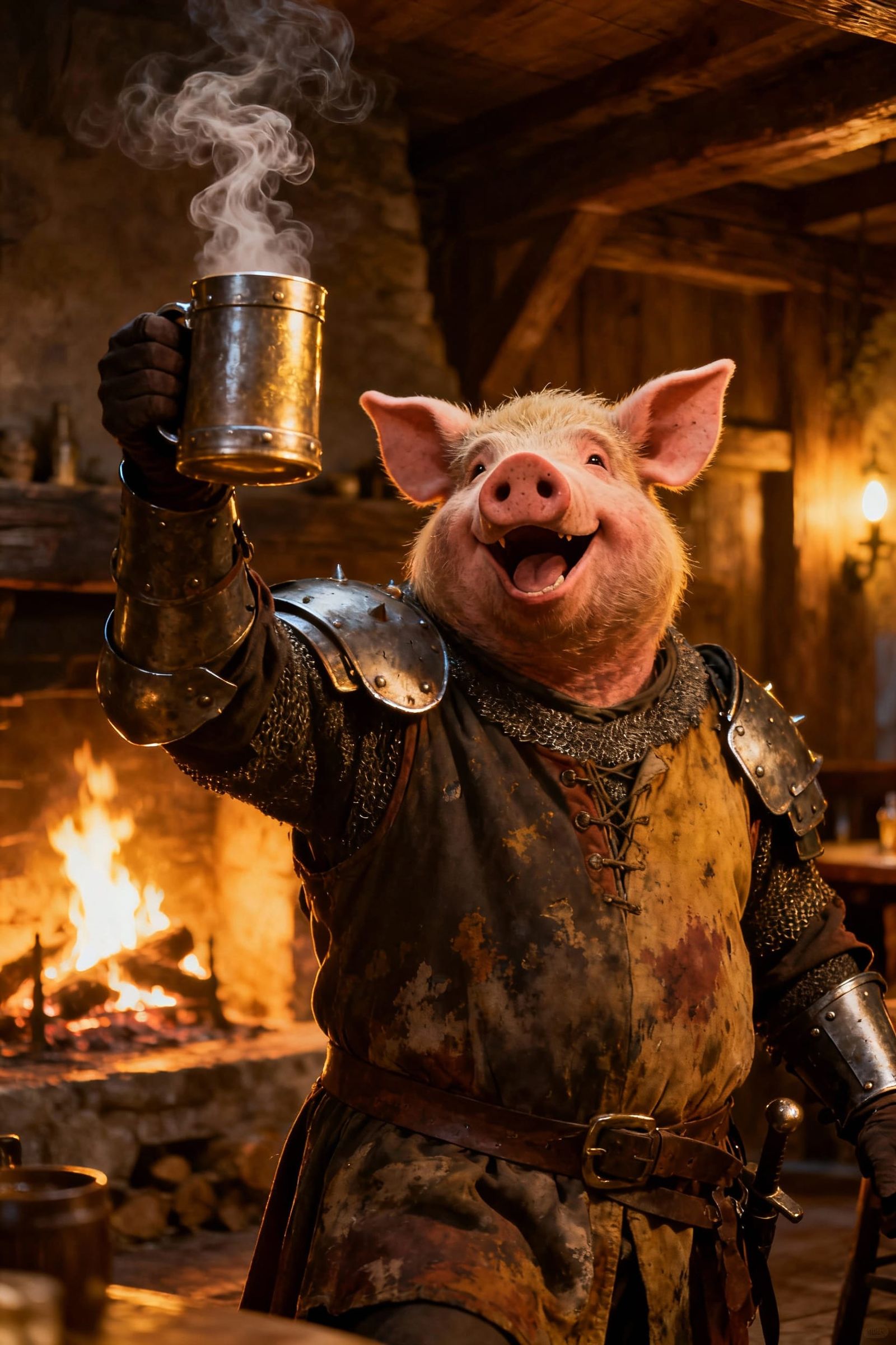 Jovial Pig Knight Toasts in Firelit Tavern