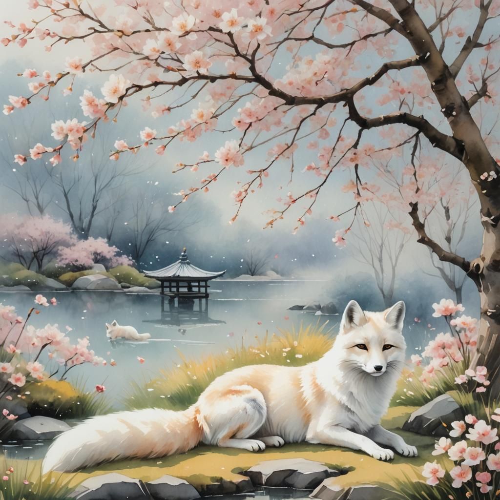 White Fox Under Blossoming Tree: Japanese Watercolor