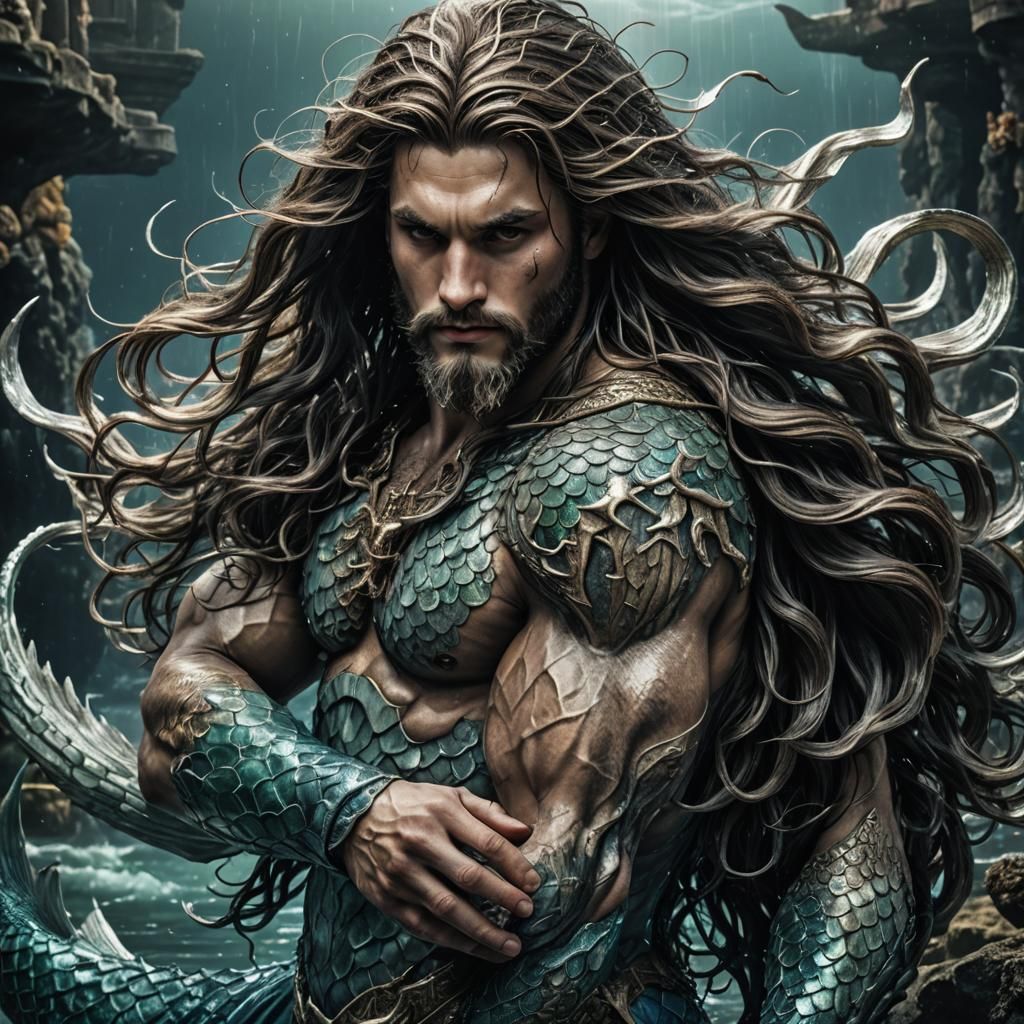 Hyperrealistic Merman with Long Hair in HDR