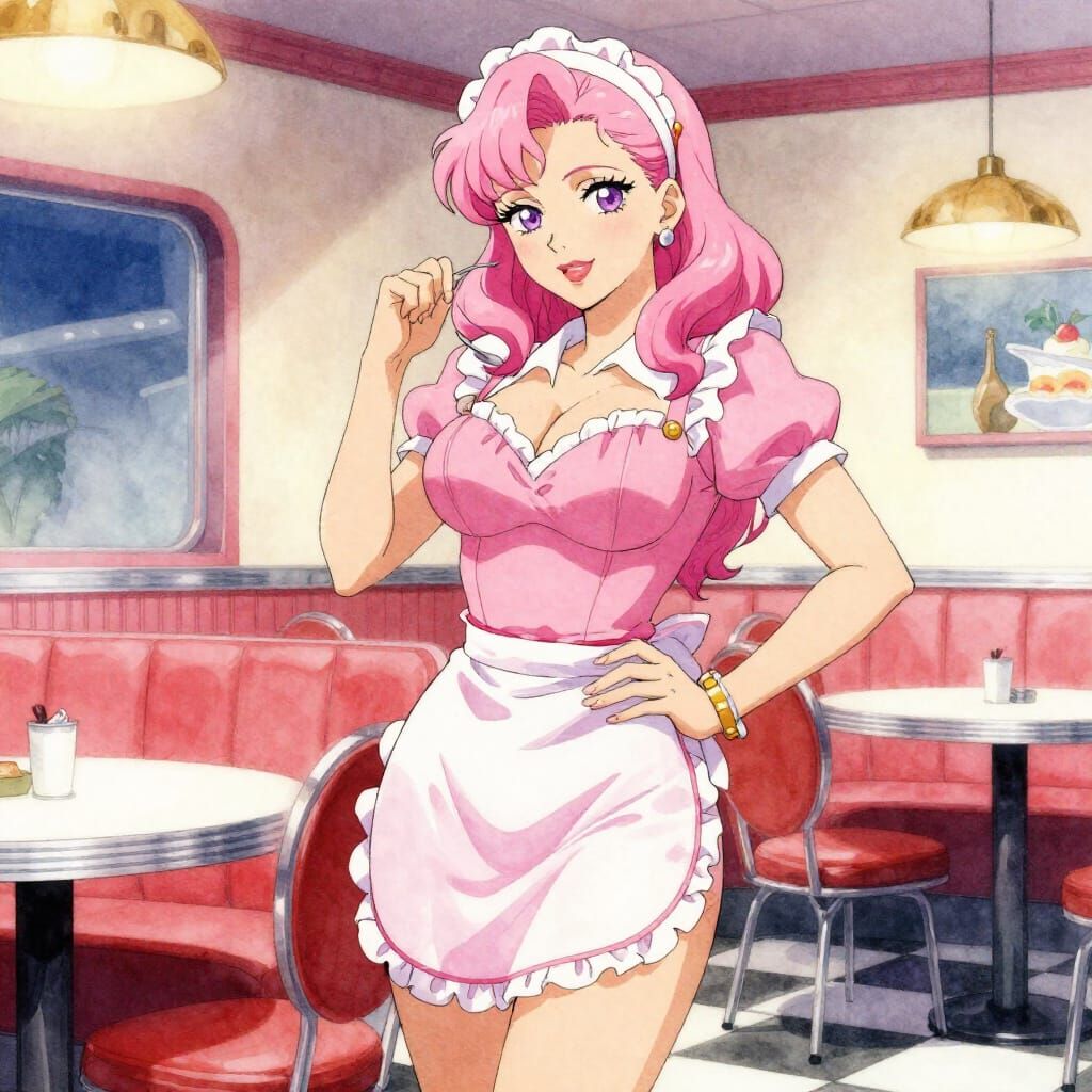 Pin-Up Waitress Poses in 50s Diner in Watercolor Anime Style