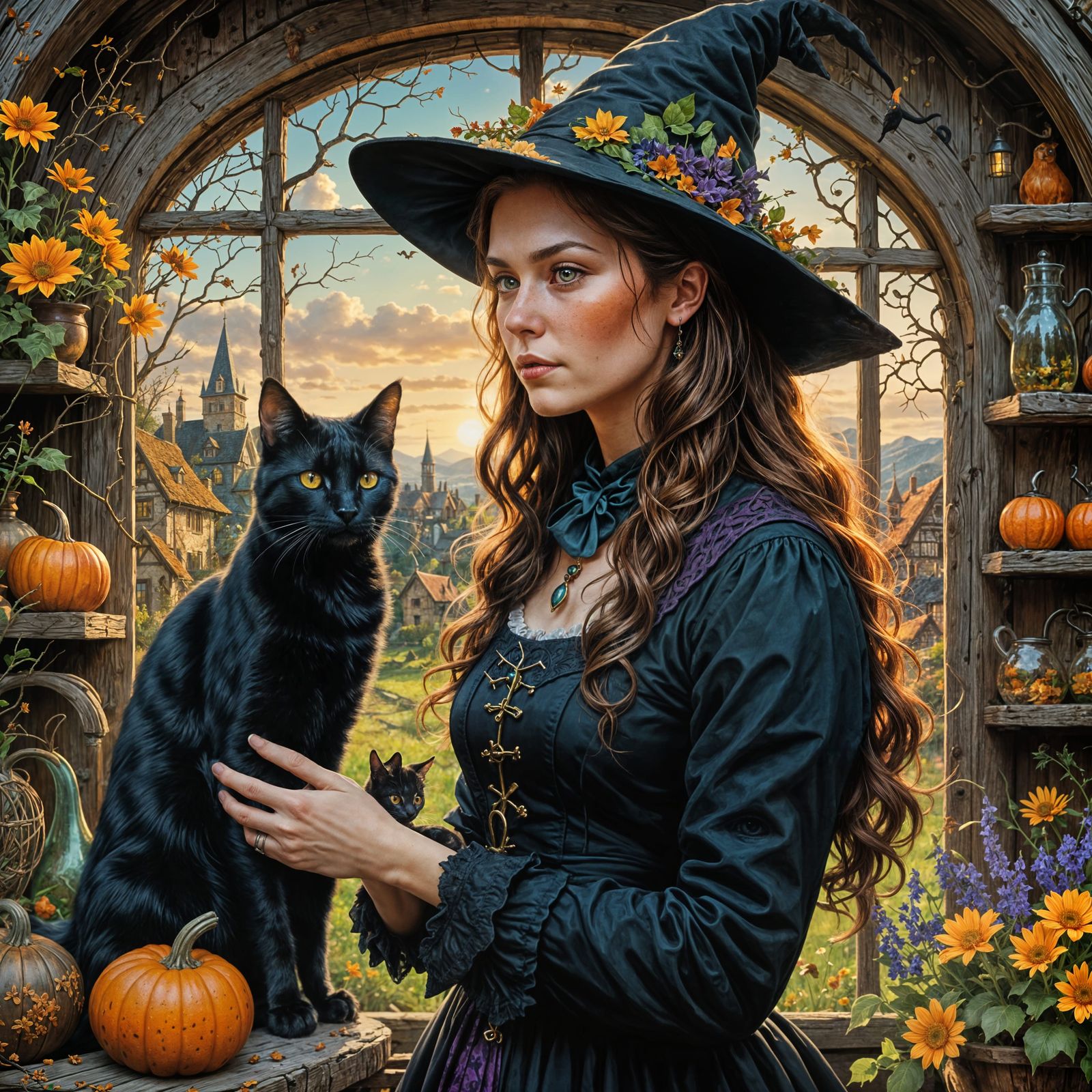 Enchanting Witch in Whimsical Cottage Scene
