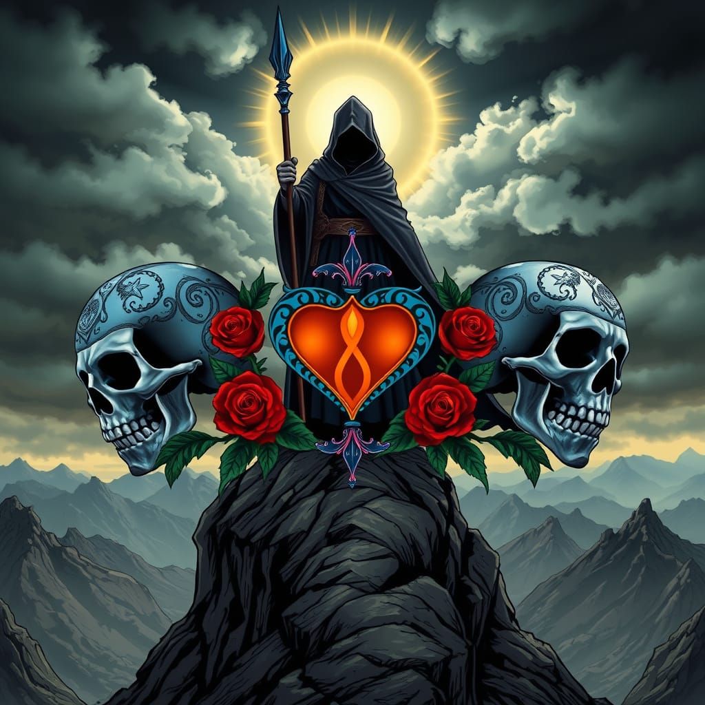 Mysterious Warrior in Dramatic Landscape with Skulls and Ros...