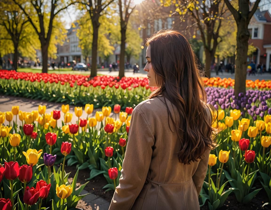 Woman among Translucent Tulips in Morning Sunlight