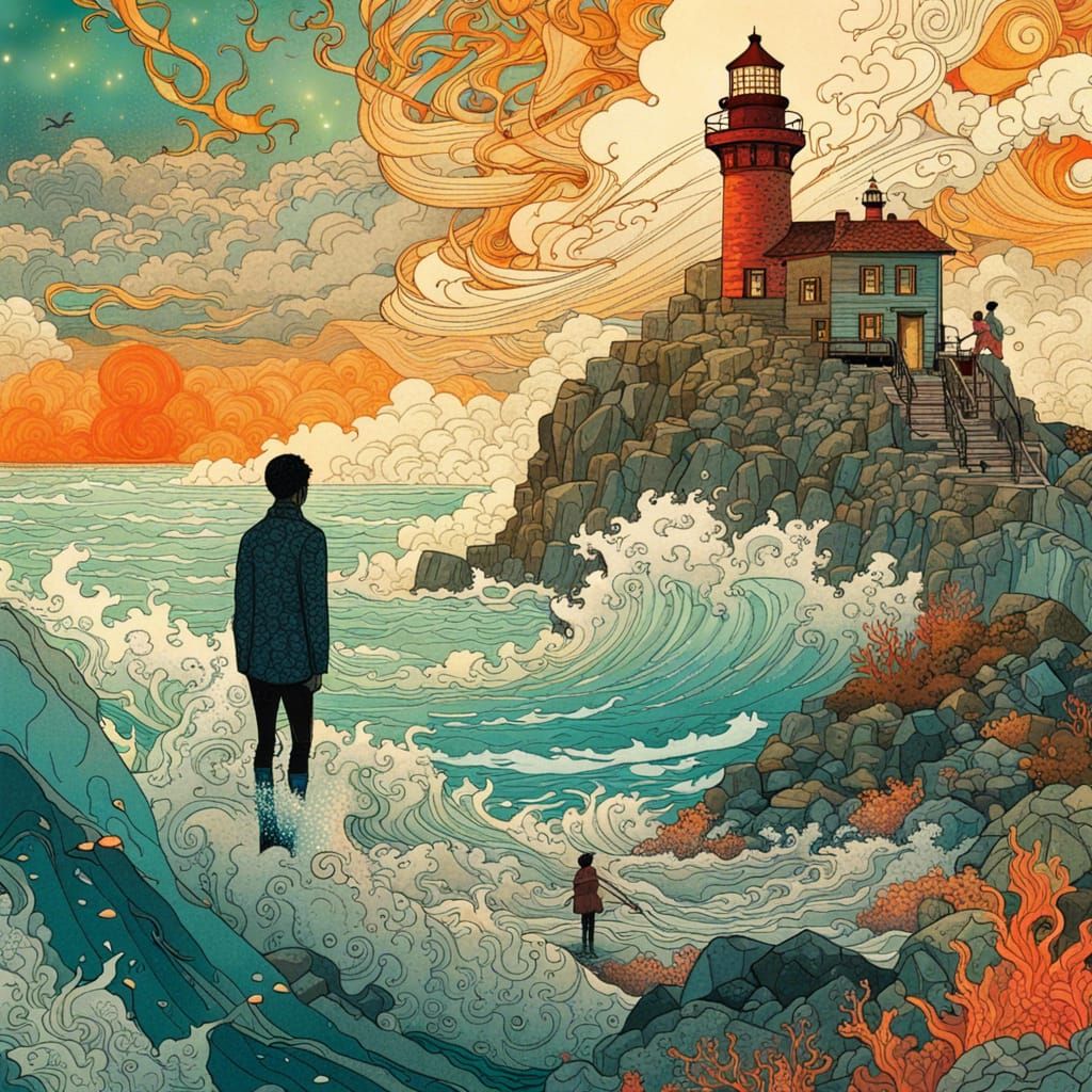 Lighthouse Dreamscape: Surreal Silhouette on Rocky Shore