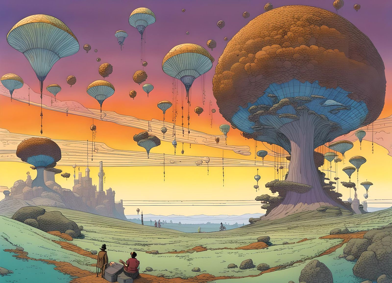 Musical Notes Over Whimsical Landscape, Ligne Claire Art