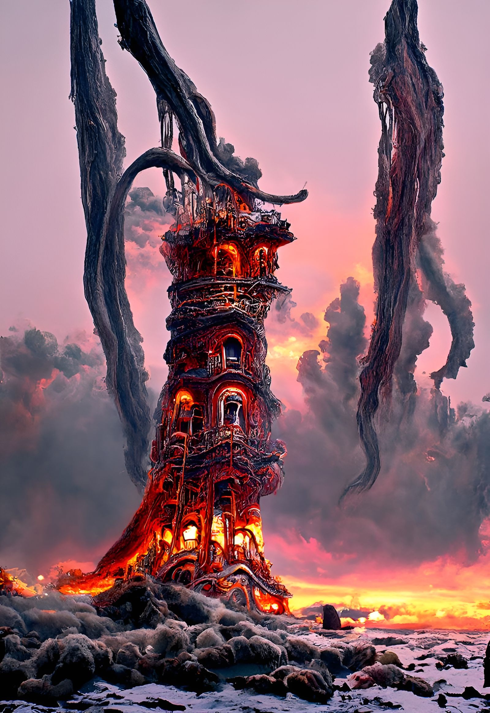 Melting Octopus Tower in Surreal Landscape
